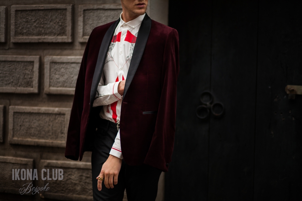 Street fashion photo | Red velvet smoking jacket