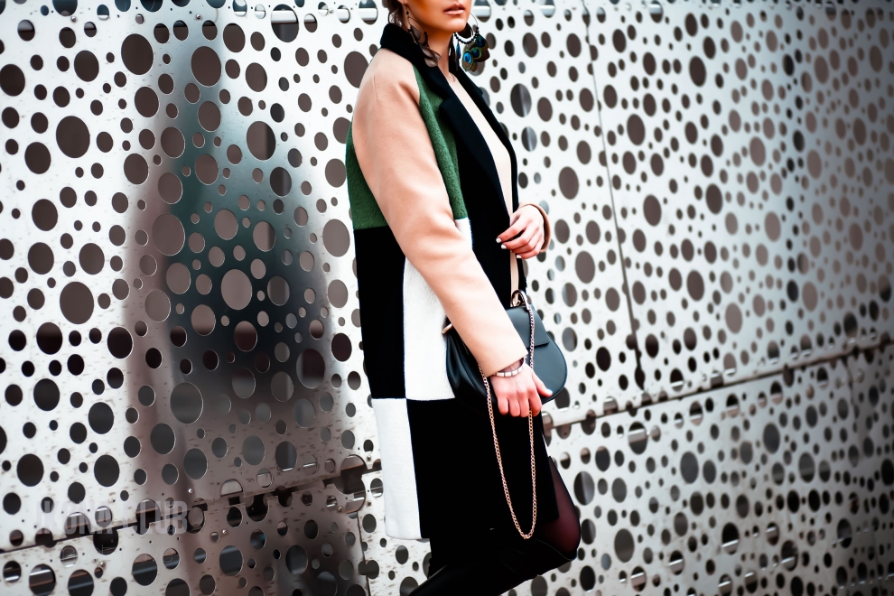 Street style | LFW | Womens green colour-block wool-blend coat